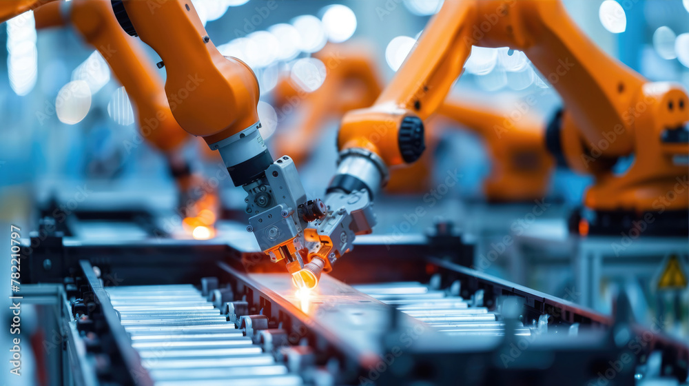 A row of robots are efficiently working in an engineering factory A row of robots are efficiently working in an engineering factory