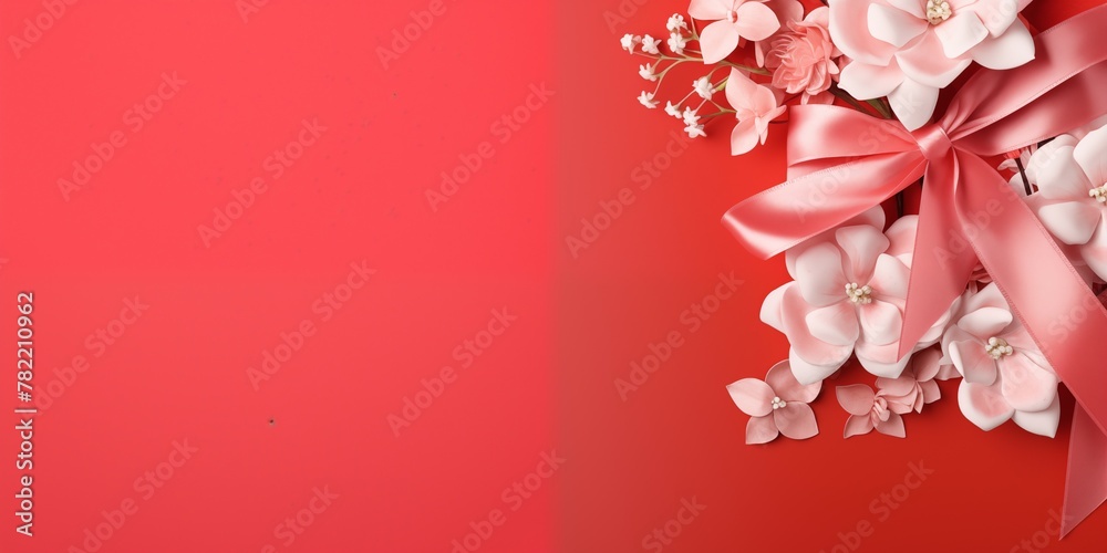 Gift banner frame, photo of a pastel red color gift with a white ribbon with flowers on the pastel red color background, matte texture Gift banner frame, photo of a pastel red color gift with a white ribbon with flowers on the pastel red color background, matte texture