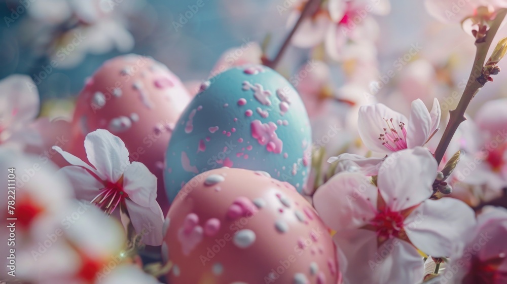 Colorful Easter eggs displayed on a tree branch. Perfect for Easter holiday designs