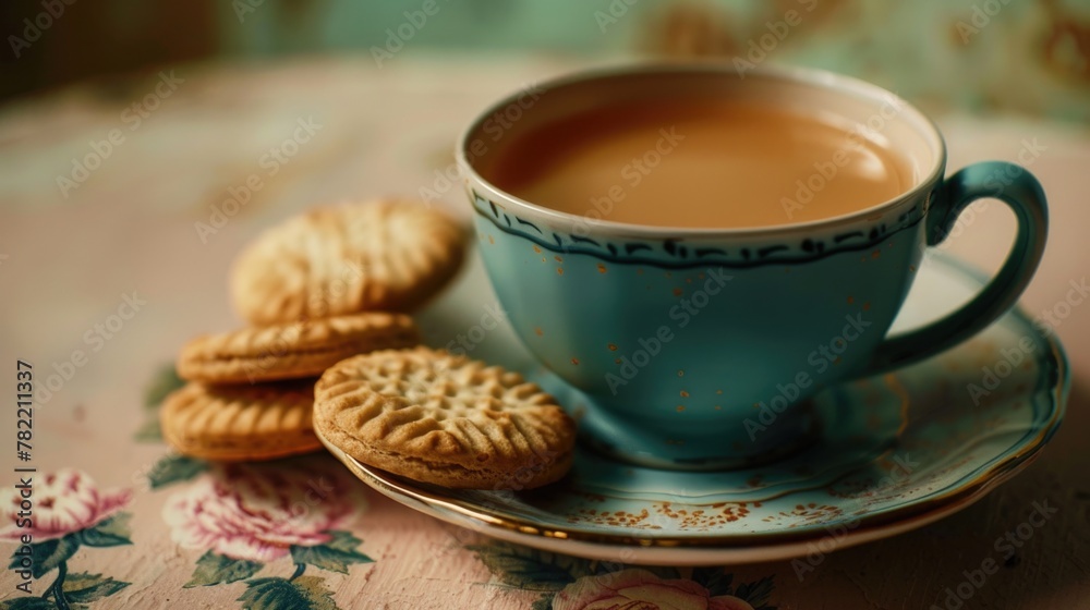A cozy image of a cup of tea and cookies on a plate. Perfect for food and beverage concepts A cozy image of a cup of tea and cookies on a plate. Perfect for food and beverage concepts