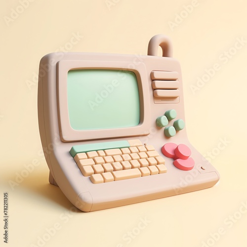 A cute retro computer with a blank screen, keyboard, and joystick.