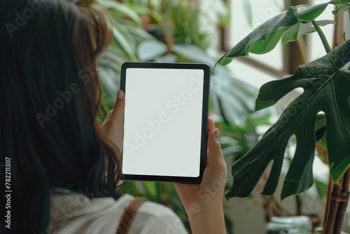 Ui mockup through a shoulder view of a girl holding an ebook with an entirely white screen