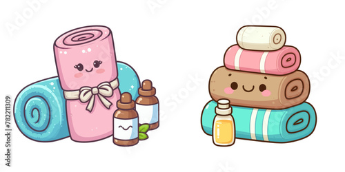Collection of towels and bottles arranged next to each other.