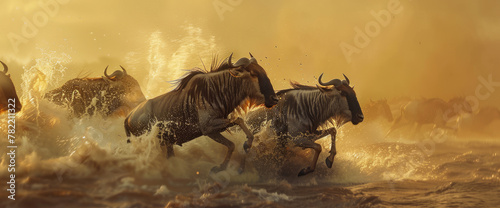 A group of wildebeest run through the river in their typical way, splashing water and creating big waves on its path