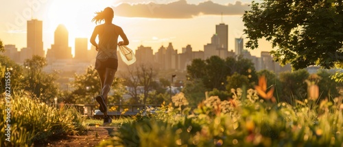 Fitness woman running outdoors at sunset in city park. Montreal skyline in background.