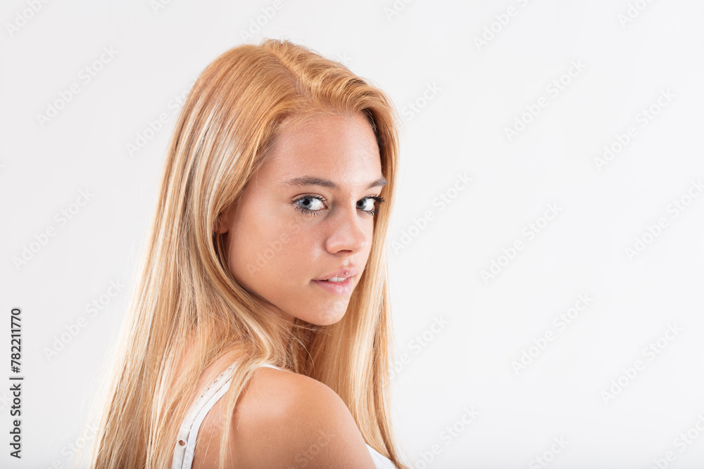 Side-view portrait, reflective young blonde woman Side-view portrait, reflective young blonde woman