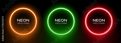 Neon round gradient. Ring frame with glow on a black background. Green, red and orange laser led circles. Set of illuminating geometric electrical spheres.