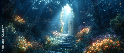 There are lilies flowing from the gate  rays of light shining out through the gate  and flying fairytale magic butterflies in this enchanted fairy tale forest with magical opening and secret wooden