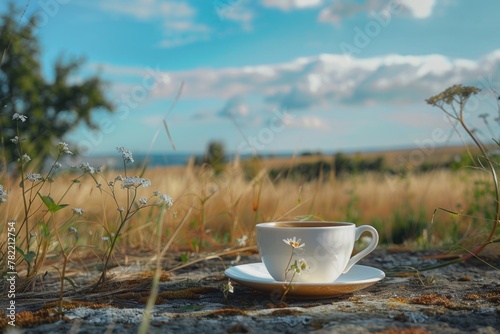 A cup and saucer placed on a rock, suitable for outdoor themes