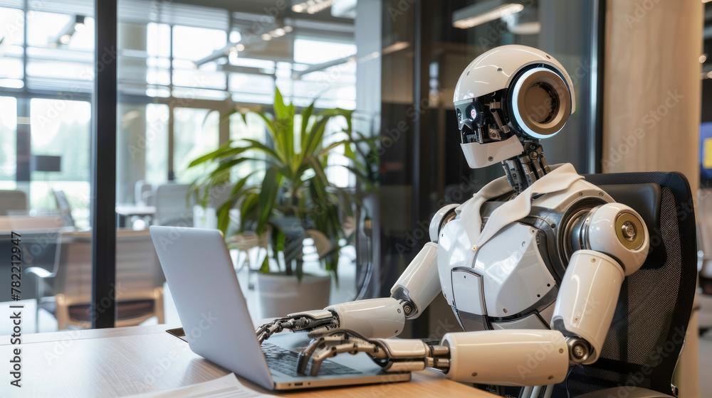 Robot Sitting in Front of Laptop Computer Robot Sitting in Front of Laptop Computer