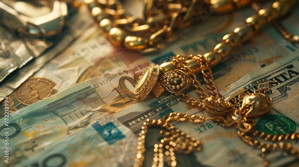 A pile of money with a gold chain on top. Suitable for financial concepts