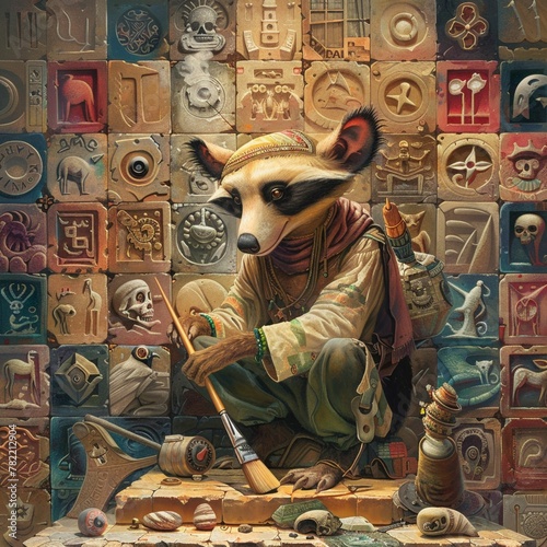 An anteater archaeologist, with a brush and artifact, surrounded by a spectrum of historical symbols photo