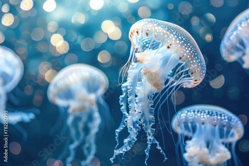 Group of jellyfish swimming in the ocean. Suitable for marine life and underwater themes photo