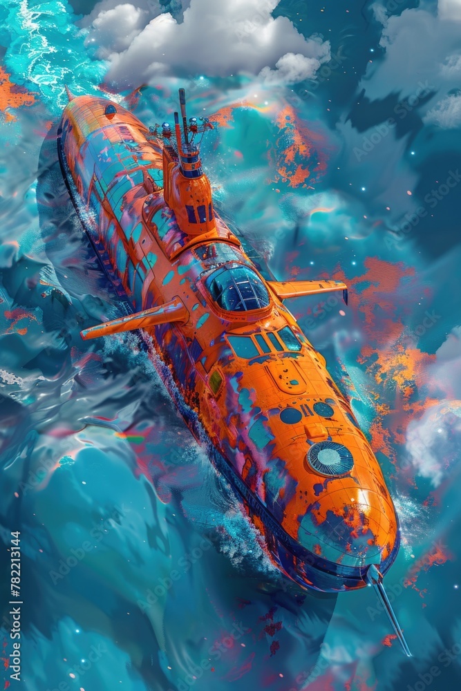 Orange submarine floating on water, suitable for marine themed designs Orange submarine floating on water, suitable for marine themed designs