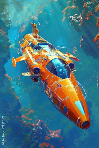 A bright orange submarine floating in the ocean. Suitable for underwater exploration themes © Fotograf