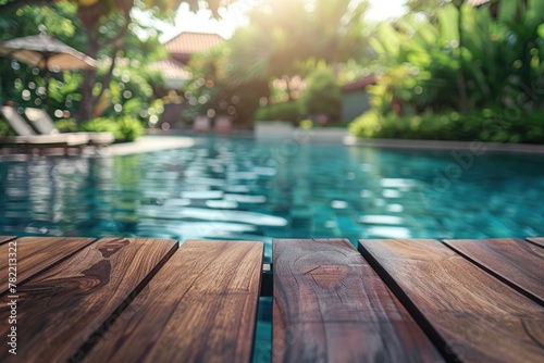 A wooden deck next to a refreshing swimming pool. Ideal for travel and leisure concepts