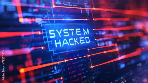 System hacking with info message SYSTEM HACKED in screen, Background with a code on a blue background , virus warning, Cybersecurity, cybercrime , Technology computer network , virus programming   photo