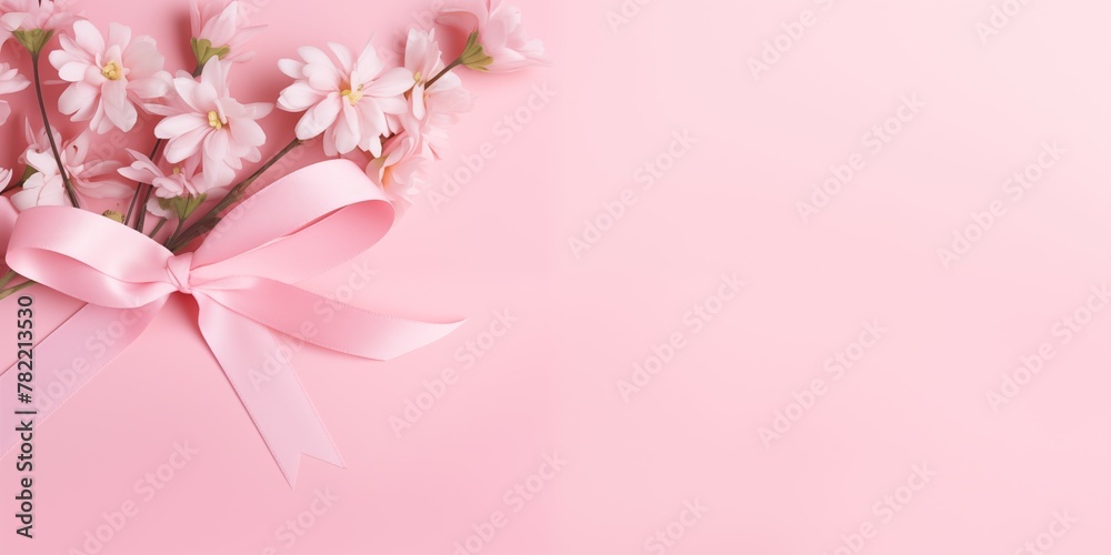 Gift banner frame, photo of a pastel pink color gift with a white ribbon with flowers on the pastel pink color background, matte texture Gift banner frame, photo of a pastel pink color gift with a white ribbon with flowers on the pastel pink color background, matte texture
