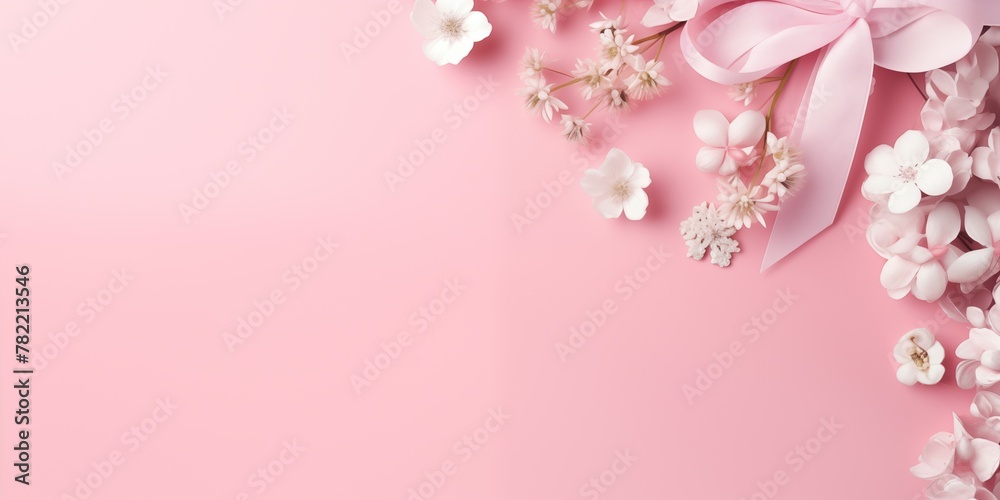 Gift banner frame, photo of a pastel pink color gift with a white ribbon with flowers on the pastel pink color background, matte texture