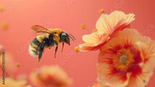 Bee hovering near vibrant orange flowers. © David