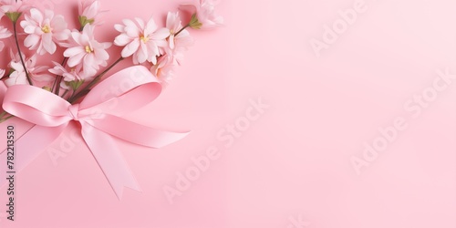 Gift banner frame, photo of a pastel pink color gift with a white ribbon with flowers on the pastel pink color background, matte texture