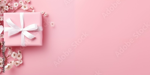 Gift banner frame, photo of a pastel pink color gift with a white ribbon with flowers on the pastel pink color background, matte texture © Meta