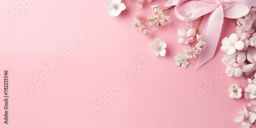 Gift banner frame, photo of a pastel pink color gift with a white ribbon with flowers on the pastel pink color background, matte texture © Meta