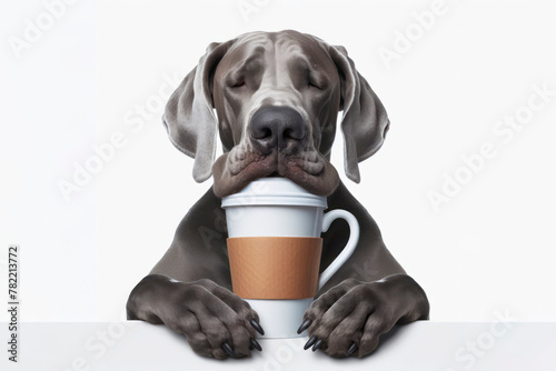 sleepy grate dane dog holding cup of coffee isolated on solid white background