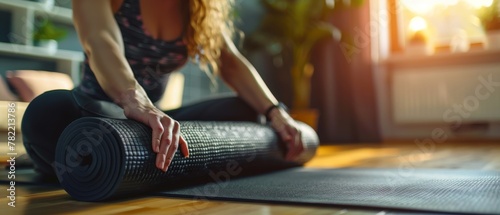 A young woman rolls a black fitness or yoga mat in her living room or in a yoga studio after a sport practice or after working out at home. Concepts of staying fit, losing weight, and healthy habits. photo
