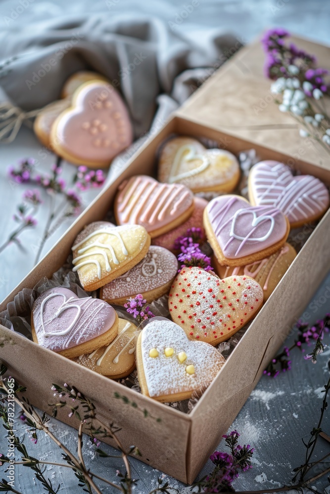 A box filled with various decorated cookies, perfect for bakery or holiday concept A box filled with various decorated cookies, perfect for bakery or holiday concept