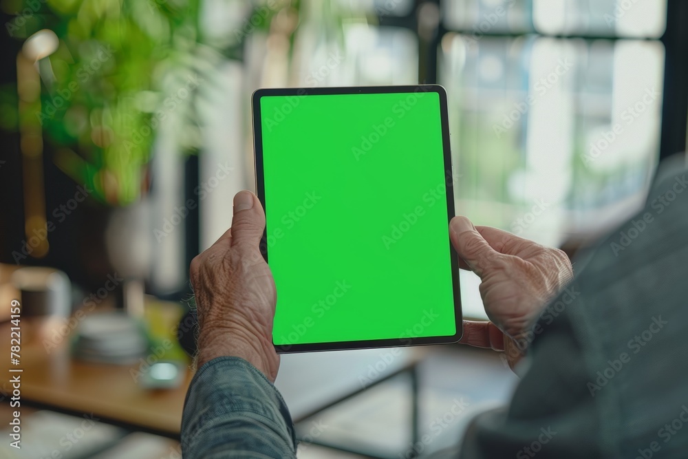 App preview over shoulder of a man holding an ebook with a completely green screen App preview over shoulder of a man holding an ebook with a completely green screen