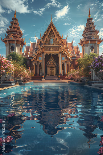 A beautiful Thai temple with a reflection in the water