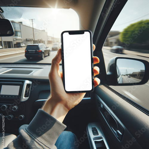 hand sticking out of car window with smartphone white screen mockup