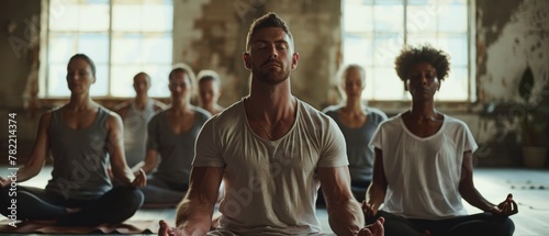 Meditation group of diverse people visualizing during yoga morning session, Caucasian man cross-legged in row with associates, no stress, spiritual practice, lifestyle concept.