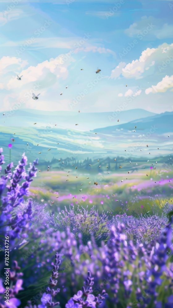 Obraz premium spring background featuring a sun-drenched meadow filled with blooming lavender bushes and buzzing bees. The distant hills are a soft shade of green