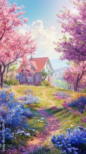 springtime landscape showcasing a quaint countryside village nestled among rolling green hills, with fields of vibrant wildflowers in shades of violet, indigo, and lavender.