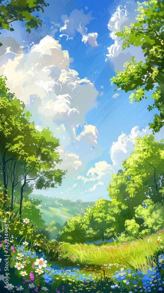 Fototapeta premium background featuring lush green meadows dotted with colorful wildflowers, framed by towering trees with fresh green leaves swaying in the gentle breeze