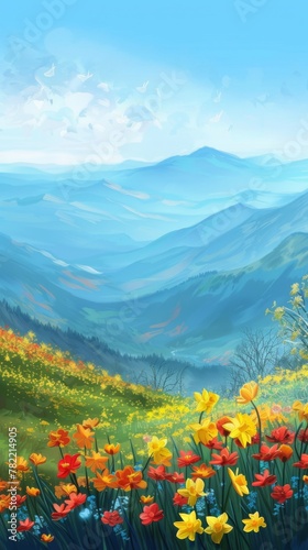 spring background featuring rolling hillsides blanketed in a carpet of golden daffodils and tulips in shades of yellow, orange, and red