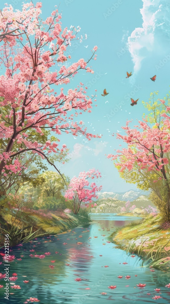 An idyllic spring background featuring a tranquil riverside scene, with lush green banks lined with blooming cherry blossom trees in shades of pink and coral
