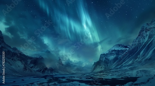 Serene night at the heart of winter's embrace, the azure aurora borealis weaves its celestial dance