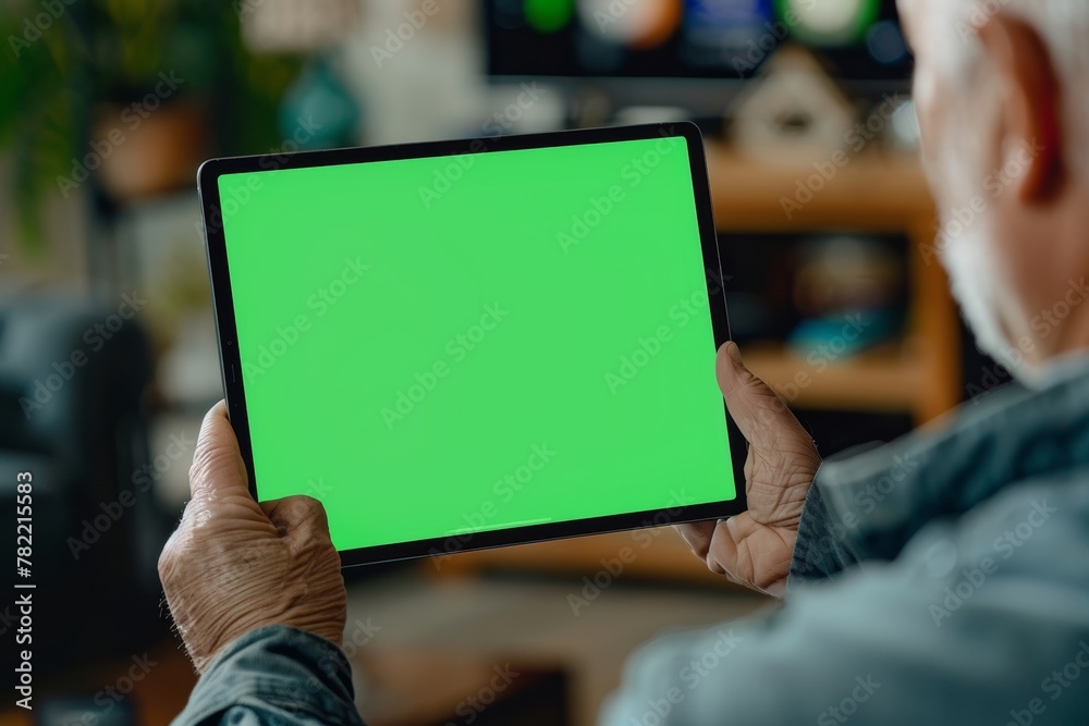 Ui mockup through a shoulder view of a middle-aged man holding an ebook with a fully green screen Ui mockup through a shoulder view of a middle-aged man holding an ebook with a fully green screen