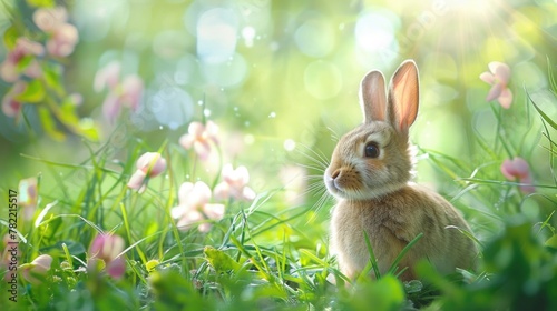 Cute rabbit sitting in grass with flowers, perfect for nature concepts