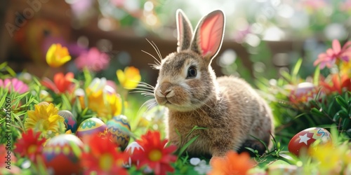 A rabbit sitting in the grass surrounded by flowers. Perfect for nature lovers