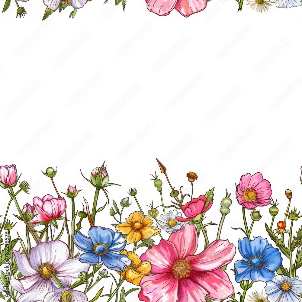 Colorful field of flowers on a clean white background, perfect for various design projects