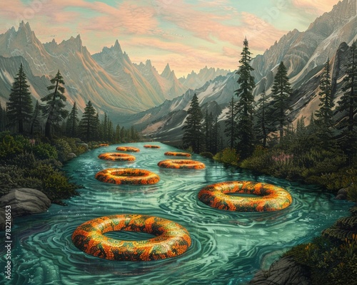 Electric eels swimming in mountain streams, shaped like donuts