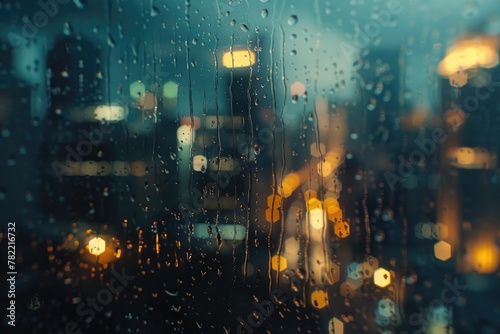 Urban scene seen through rain-streaked window, suitable for weather or cityscape concepts photo
