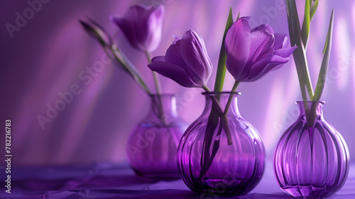 purple flowers in glass vases