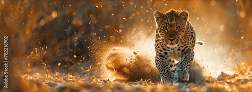 Leopard approaching with dust in the background. photo