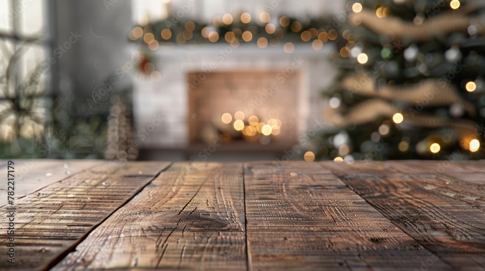 A wooden table with a Christmas tree in the background. Perfect for holiday season designs