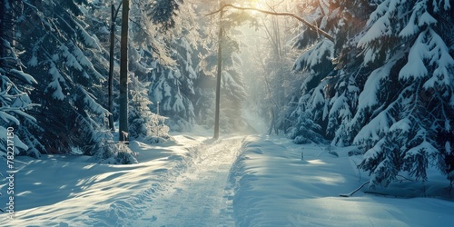 A serene snow covered path in a peaceful forest. Suitable for nature and winter themed designs